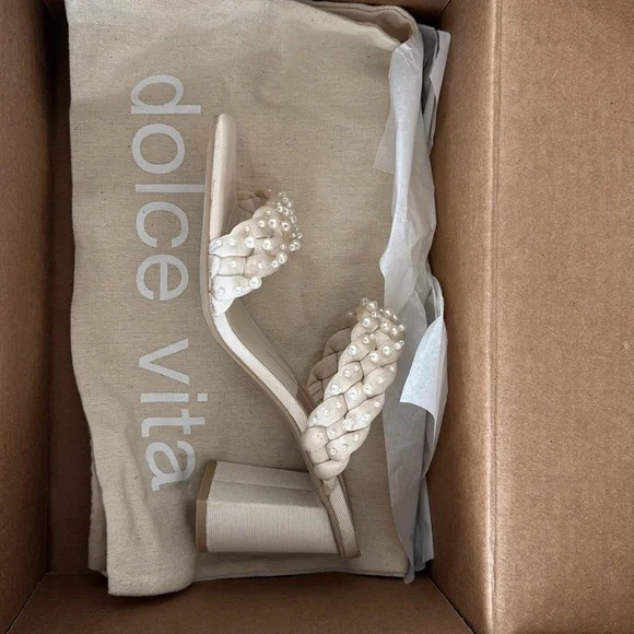 NEW DOLCE VITA womens paily pearl heeled sandals in vanilla pearl 8.5 block heel - Picture 6 of 7